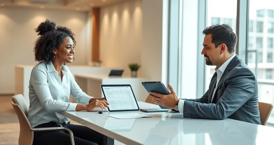 Borrower and lender at a conference table reviewing documents and a tablet with a revised payment plan in a modern office