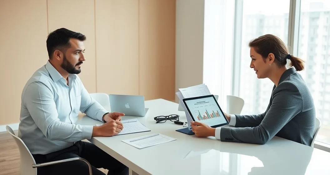 Small business owner and loan officer reviewing loan covenant documents and charts in a modern conference room