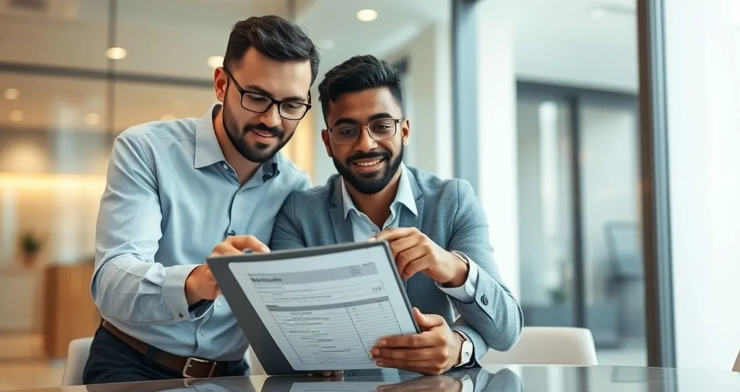 Loan officer and borrower review a blurred loan estimate and tablet in a modern meeting room as they discuss lowering origination fees