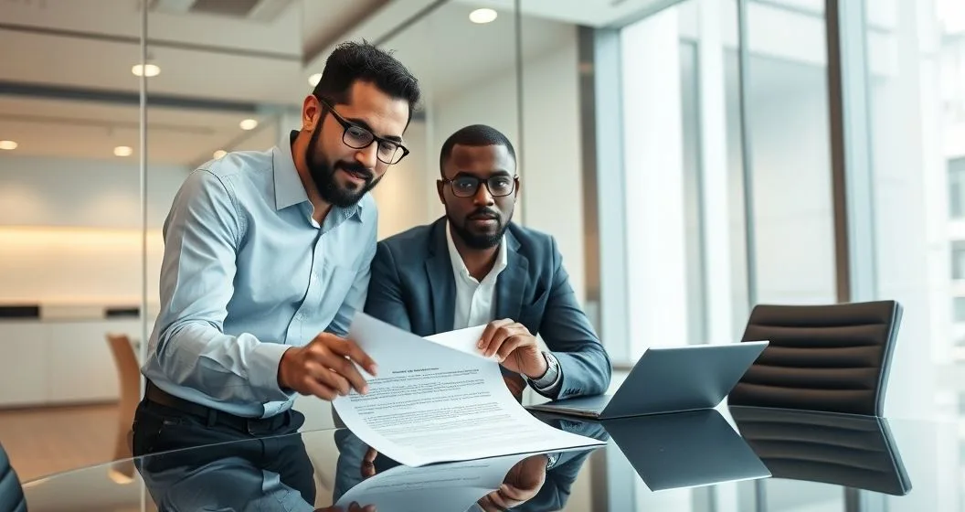 Two professionals at a glass conference table pointing to a clause on a loan document while discussing personal guarantee carve outs
