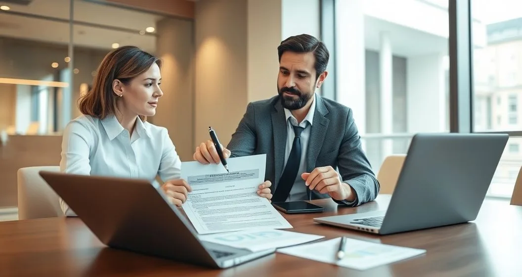 Borrower and loan officer pointing to a mortgage contract clause during a negotiation in a modern office