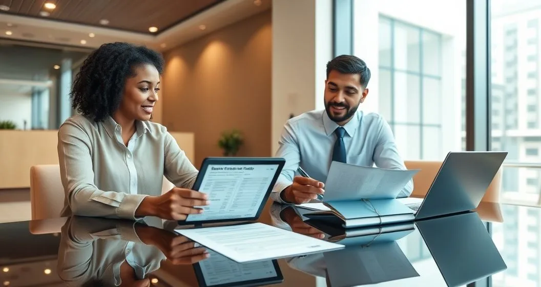 Borrower and loan officer reviewing a tablet and loan documents in a modern bank office discussing a lower interest rate