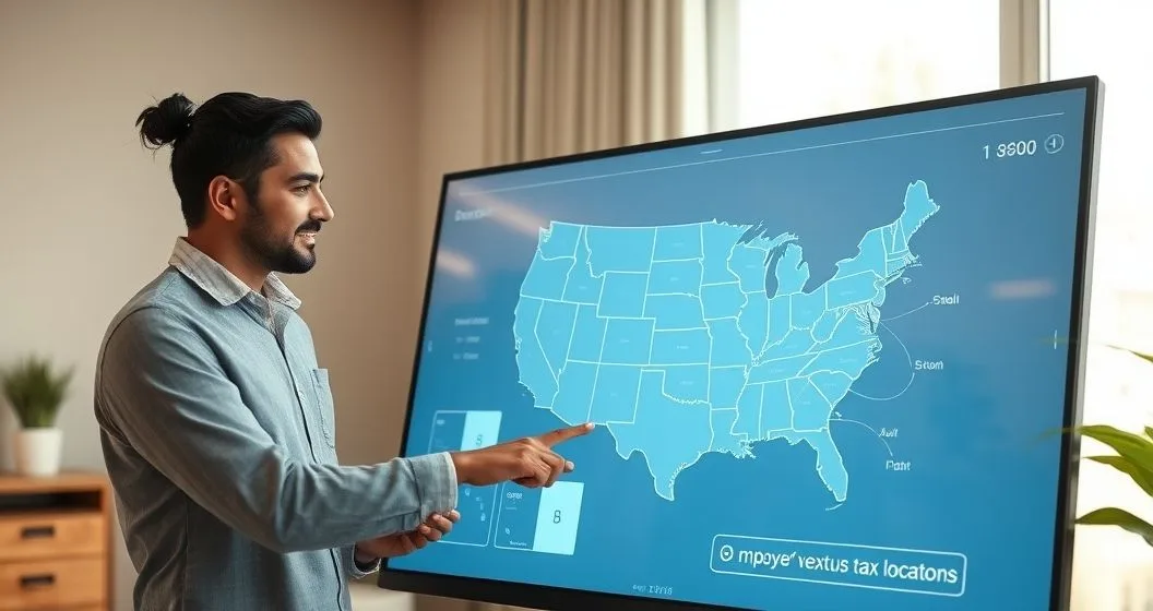 Payroll manager and remote employee examining a digital state map with highlighted states and connecting lines indicating tax nexus for remote work