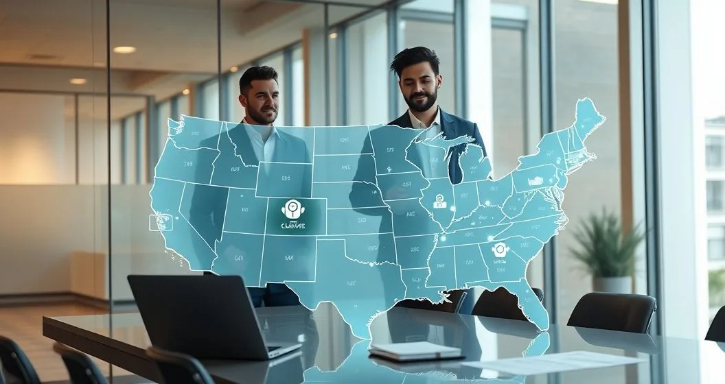 Two professionals examine a translucent US map with highlighted states and glowing connection lines showing service and digital tax nexus