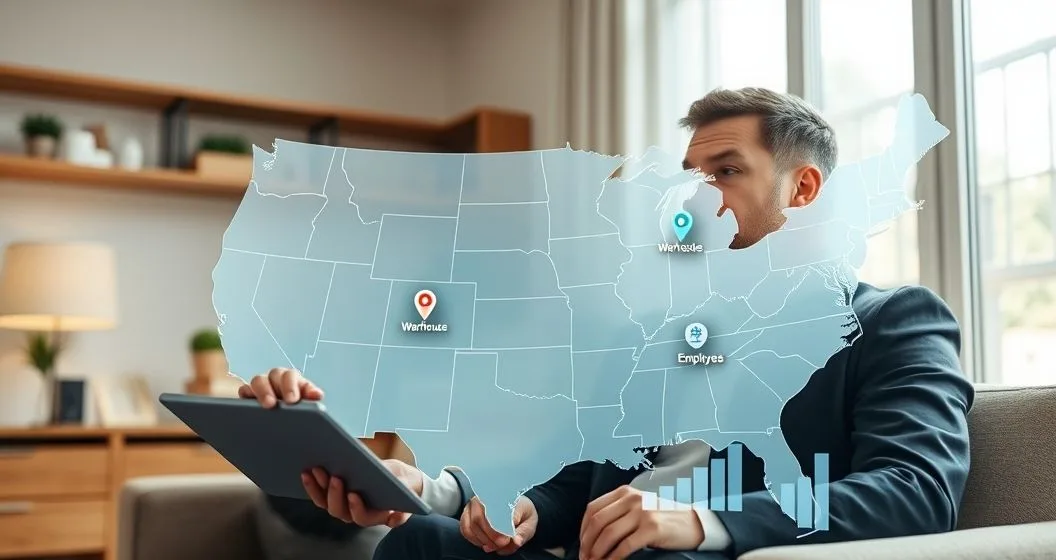 A business owner and tax advisor in a home office reviewing a tablet with a holographic US map showing highlighted states and icons for a warehouse an employee pin and a rising sales bar representing nexus triggers.