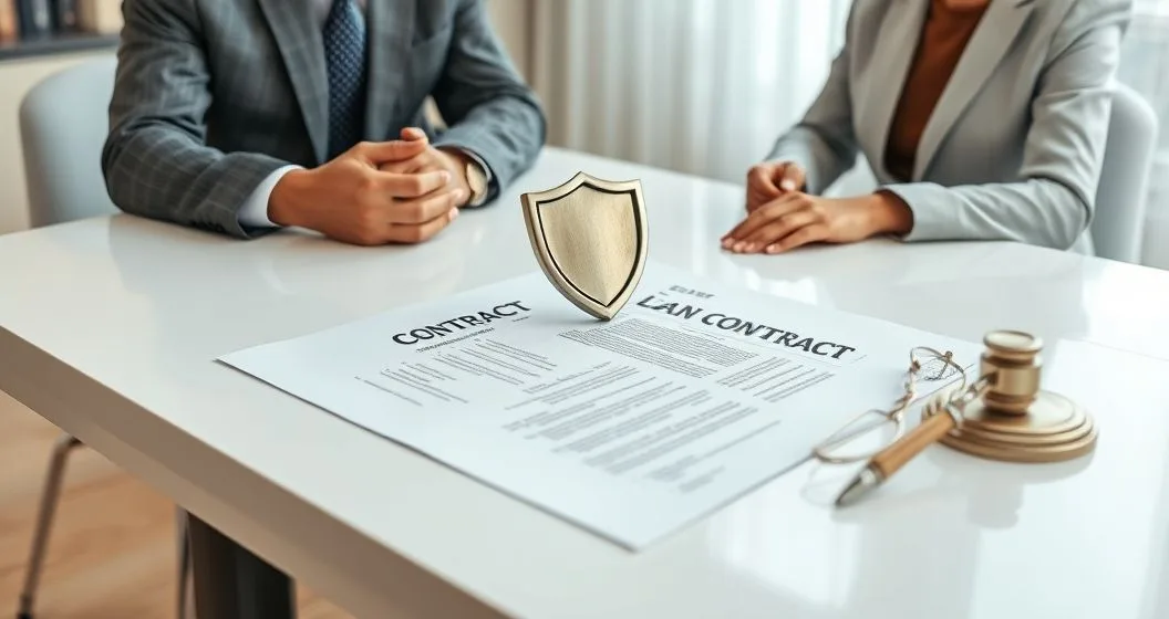 Loan contract on a clean desk with one clause removed beside it and a metal shield paperweight on the main document while two professionals gesture to show preserved rights and severability