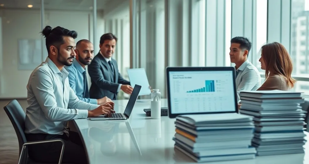 Bank officers and a debt buyer exchanging a sealed dossier across a conference table with a laptop showing a blurred loan dashboard