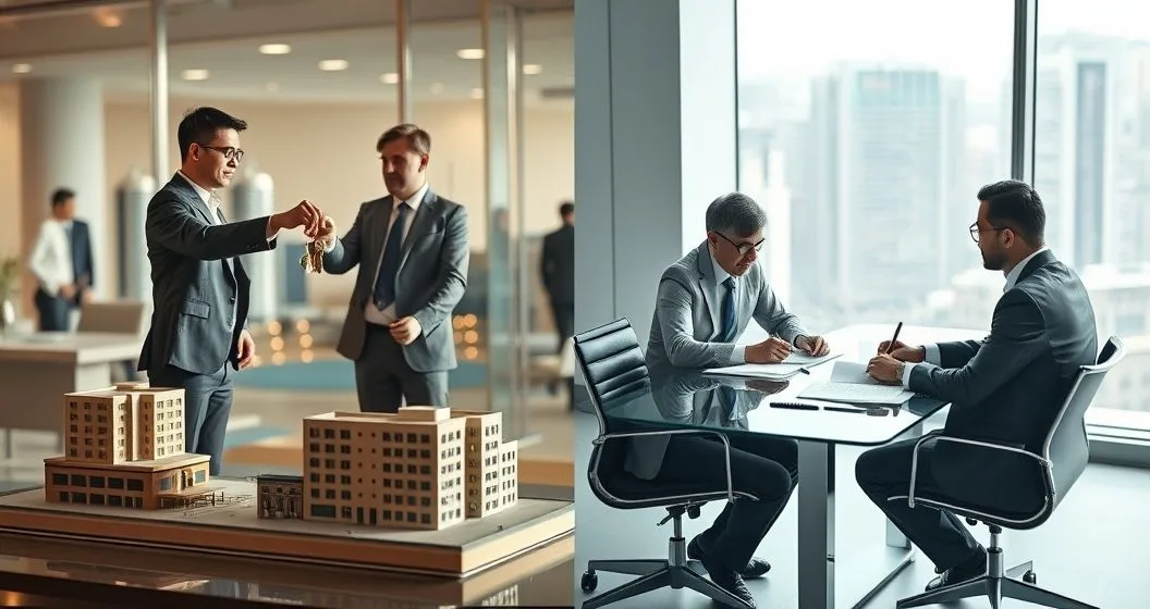 Split scene showing on the left a borrower receiving keys from a broker beside a property model indicating lender recovery limited to the property on the right a borrower consulting an attorney while a lender reviews financial documents indicating pursuit of other assets