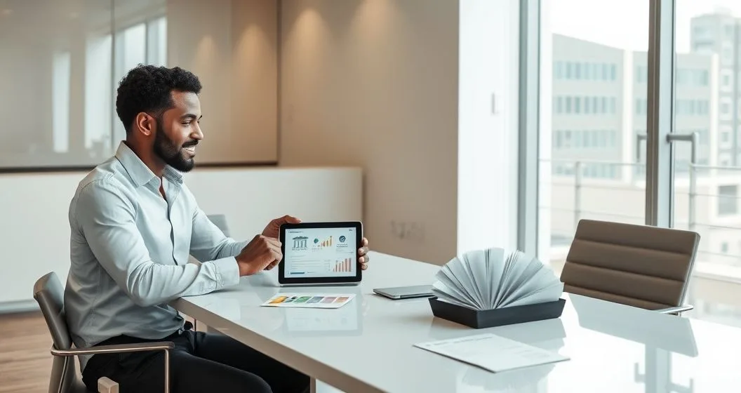 Two professionals reviewing funding option icons on a tablet and color coded cards on a conference table representing bank loans venture capital crowdfunding invoice financing and merchant cash advances