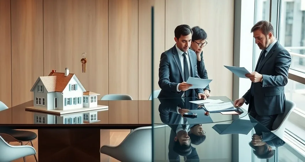 Split conference room scene. Left shows lender returning keys to a relieved borrower beside a property model representing nonrecourse. Right shows lender and lawyer pointing to personal assets and a ledger beside a concerned borrower representing recourse.