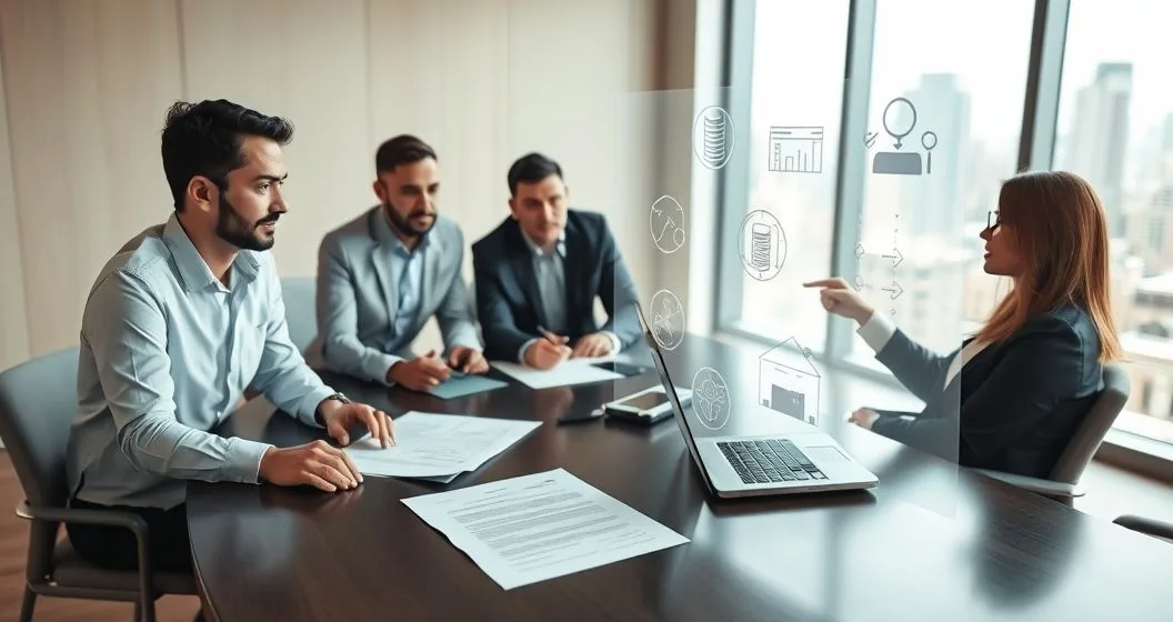Professionals in a modern boardroom reviewing contracts invoices a laptop and holographic icons representing software licenses patents and receivables