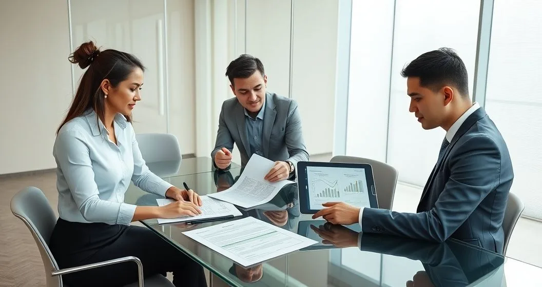 Three professionals reviewing contracts and an accounts receivable folder with a tablet showing cash flow diagrams in a modern conference room