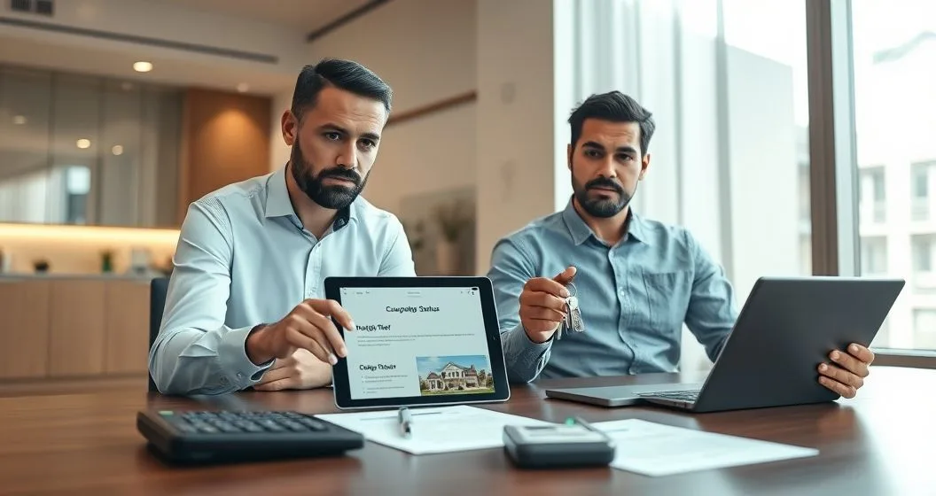 Loan officer and homeowner in a modern mortgage office reviewing a tablet showing an occupancy status change with documents and keys on the table
