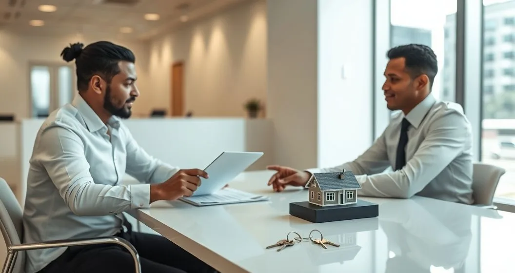Loan officer points at a blurred mortgage application on a tablet across from a concerned borrower in a modern office with house keys on the table
