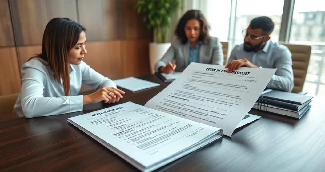 Tax advisor and client reviewing an Offer in Compromise checklist and documents including Form 656 and Form 433 A OIC on a minimalist desk