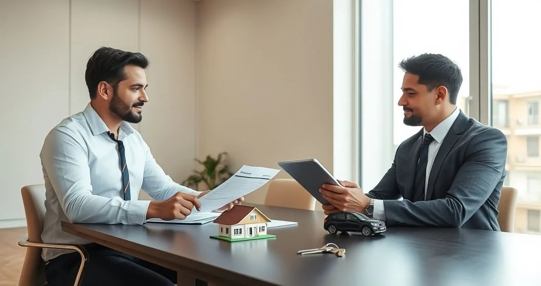 Tax attorney and client reviewing appraisal reports with small house and car models on a clean conference table