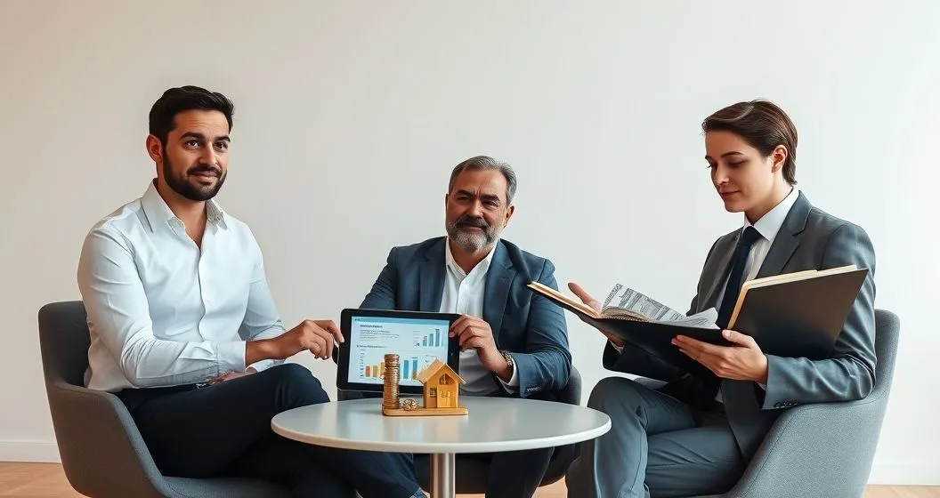 Client between two advisors comparing Offer in Compromise and Bankruptcy using a tablet asset snapshot and legal folder with gavel on a conference table