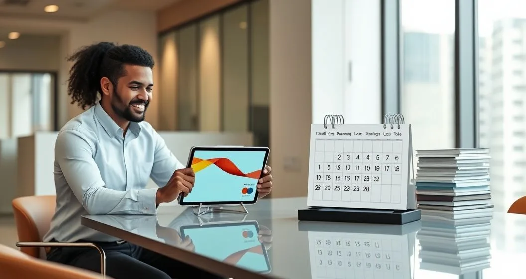 Financial advisor comparing flexible credit card concept and calendar based loan payments with client at modern conference table