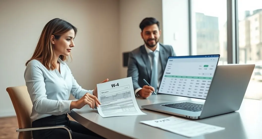 HR professional and new employee completing a printed Form W-4 at a conference table while a payroll specialist shows payroll software on a laptop and paystub and W-2 sit on the desk.