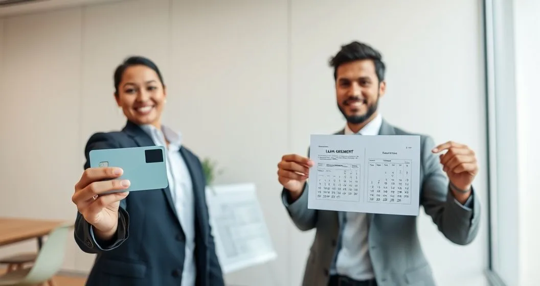 Two professionals at a conference table comparing a blank credit card and a loan agreement with a calendar and amortization chart to illustrate revolving and installment credit.