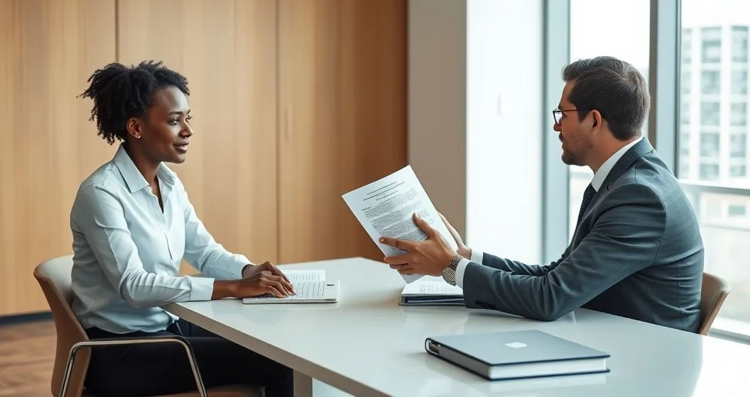 A borrower and a financial counselor in a modern office reviewing documents as the counselor hands an organized appeal folder.