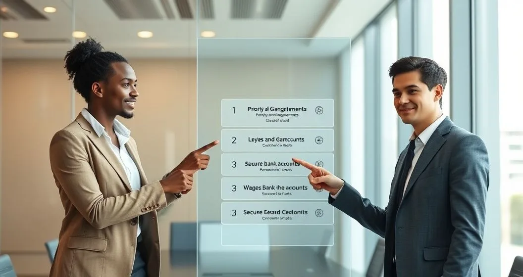 Two professionals point to a digital stack diagram showing priority tiers for creditors in a conference room