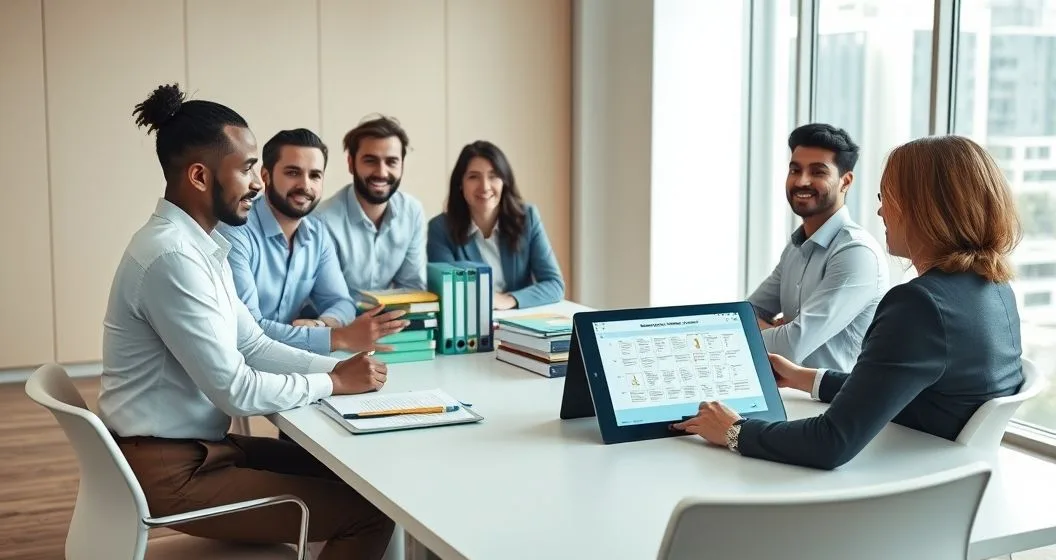 Diverse professionals arranging color coded binders and a tablet with digital folders at a conference table in a modern office to facilitate an IRS examination