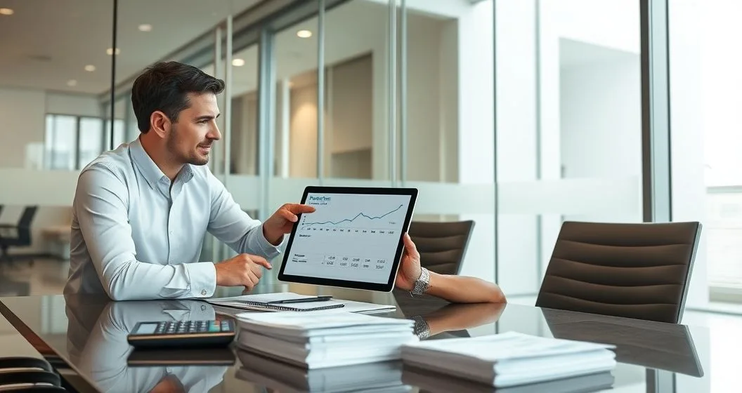 Tax advisor and client review tablet timeline showing interest accrual for an amended return at a conference table