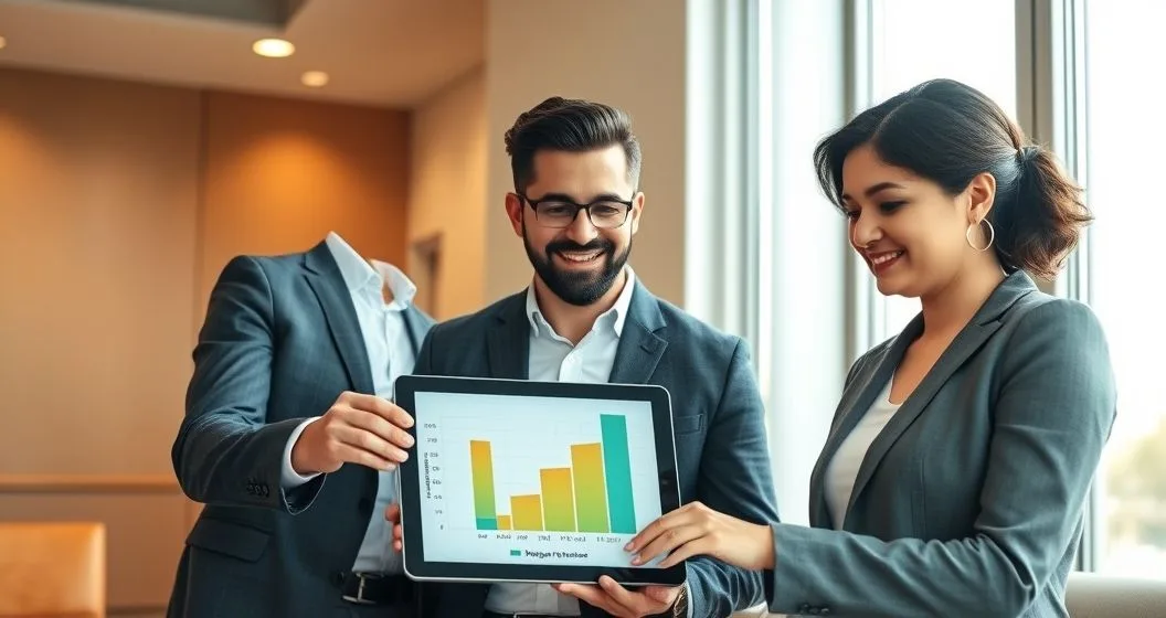 Mortgage advisor and two clients reviewing a tablet with an amortization chart showing a shrinking shaded area for private mortgage insurance and a marker at the eighty percent loan to value threshold in a modern office.