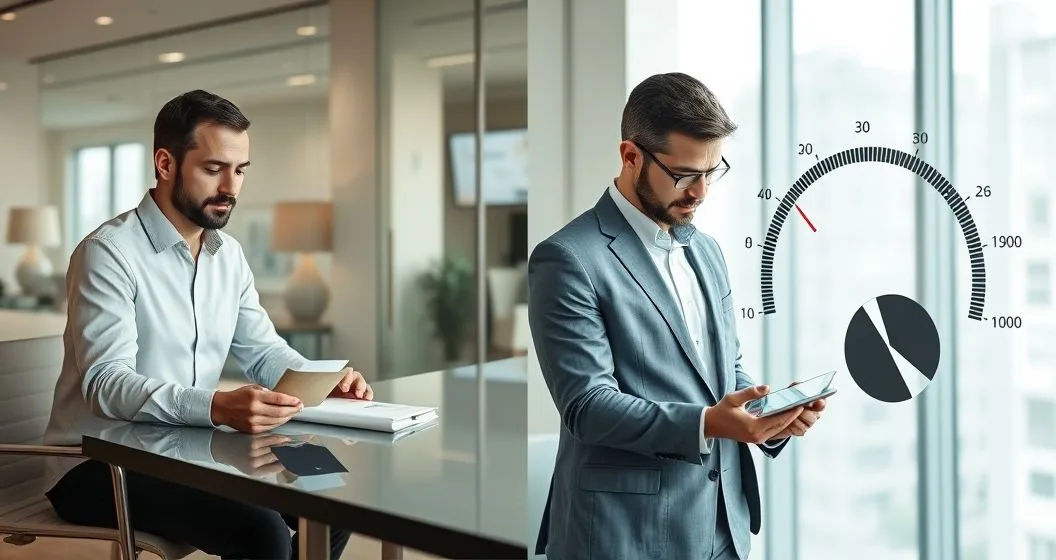 Split scene showing a homeowner paying a monthly bill to a loan officer contrasted with a lender adjusting an interest rate dial on a tablet to illustrate PMI versus lender paid mortgage insurance tradeoffs