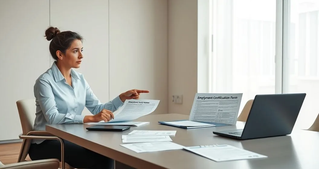 Public service worker and loan counselor reviewing PSLF paperwork at a conference table with loan documents and laptop, counselor pointing out an error