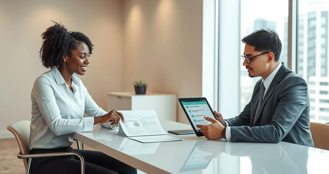 Loan counselor pointing to a form while a borrower and colleague review a tablet checklist in a modern office