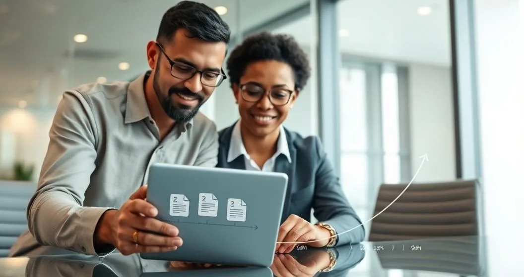 Parent and financial advisor reviewing a tablet that shows multiple loan documents merging into one and a long repayment timeline in a modern office.