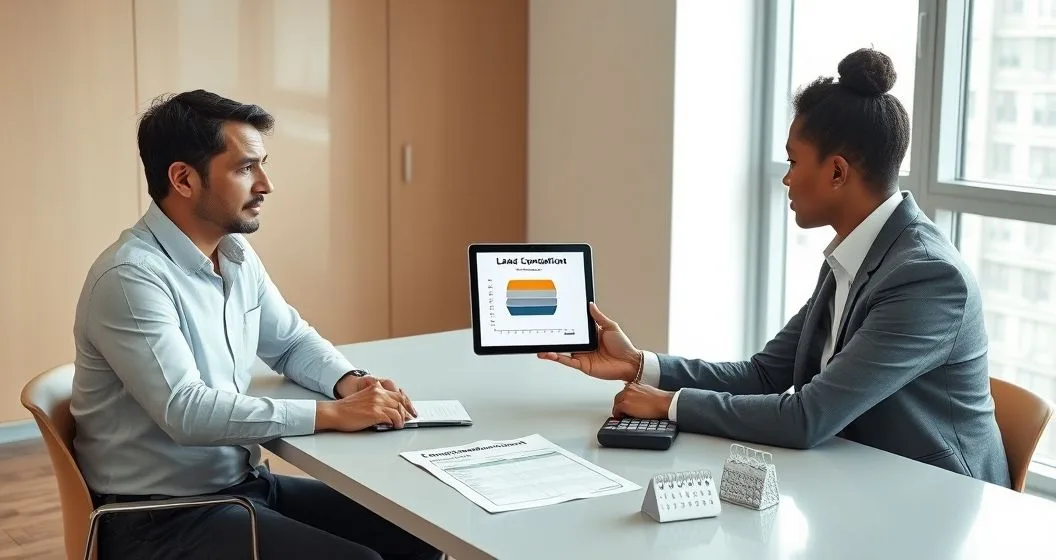 Parent and financial advisor in a modern office reviewing a tablet that shows two loan files merging into one repayment timeline with consolidation paperwork on the table