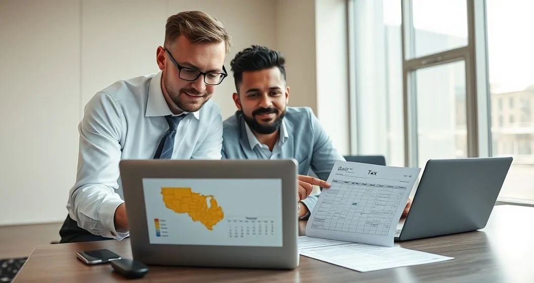 Tax advisor and client review laptop showing two state maps a split calendar and a spreadsheet allocating income between states