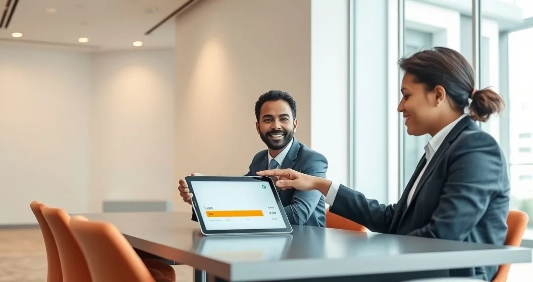 Financial advisor pointing at tablet with a partially faded loan balance graphic while a diverse borrower listens across a minimalist conference table