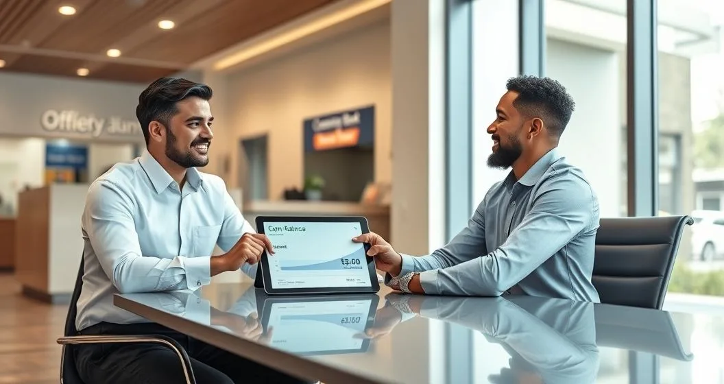 Loan officer shows a small business owner a tablet with a highlighted reduced loan balance indicating partial forgiveness in a modern bank setting