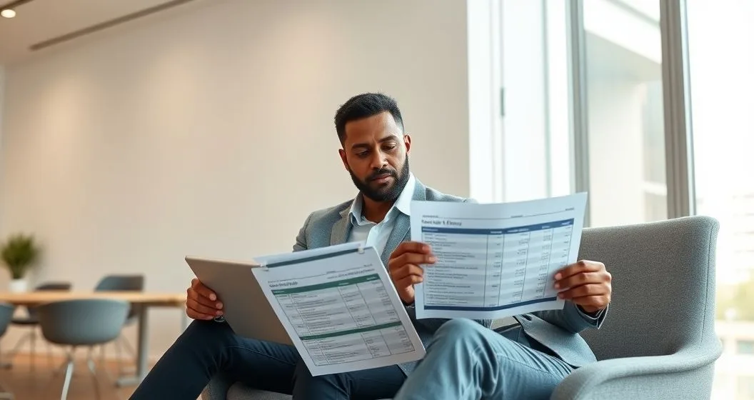 Tax advisor and client reviewing a tablet and financial worksheet in a modern office discussing a partial payment installment agreement with lower monthly payments and a remaining balance