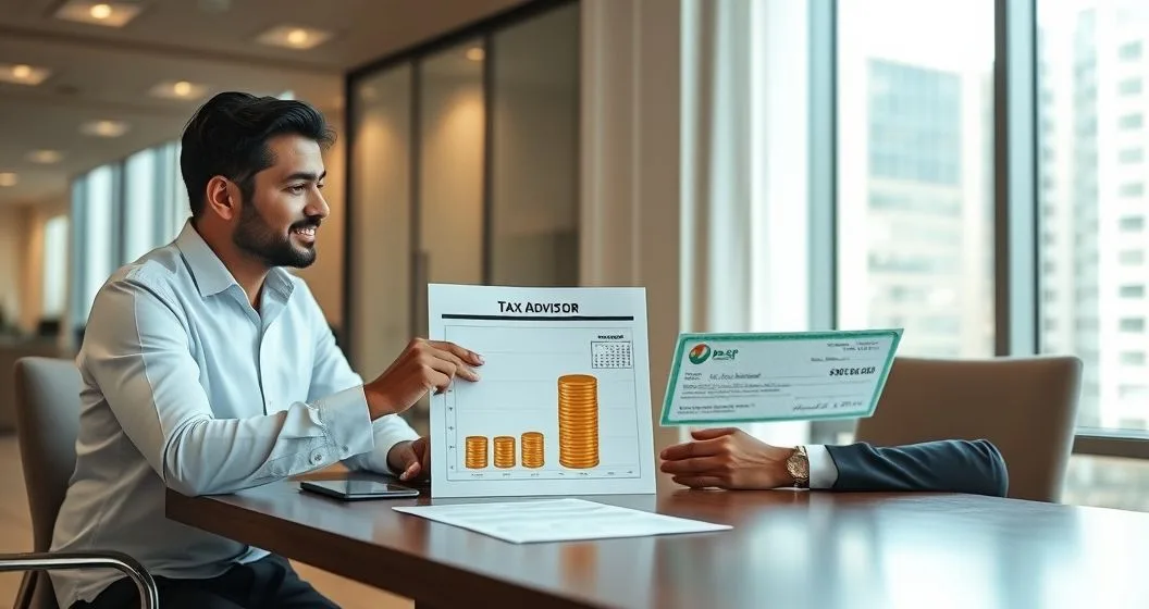 Tax advisor and client comparing calendar and stacked coins for periodic payments against a single large check for a lump sum on a financial brief in a modern office