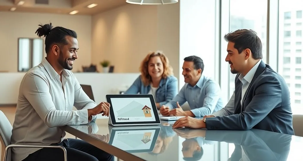Mortgage advisor and homeowners review a tablet showing a highlighted portion of a home loan diagram representing a partial refinance