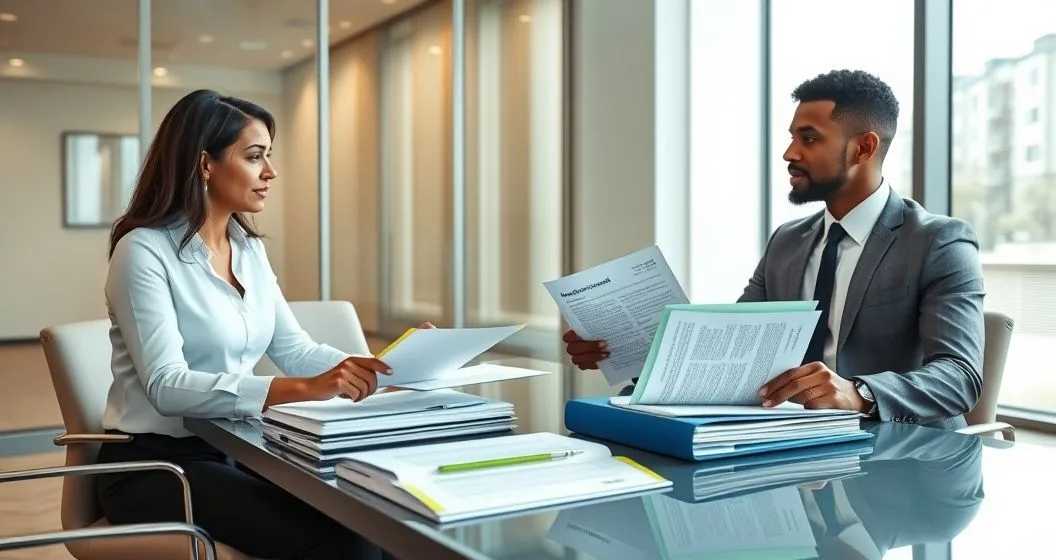 Advisor and client at a conference table with loan folders, two folders moved forward for refinancing while a mortgage folder remains aside.
