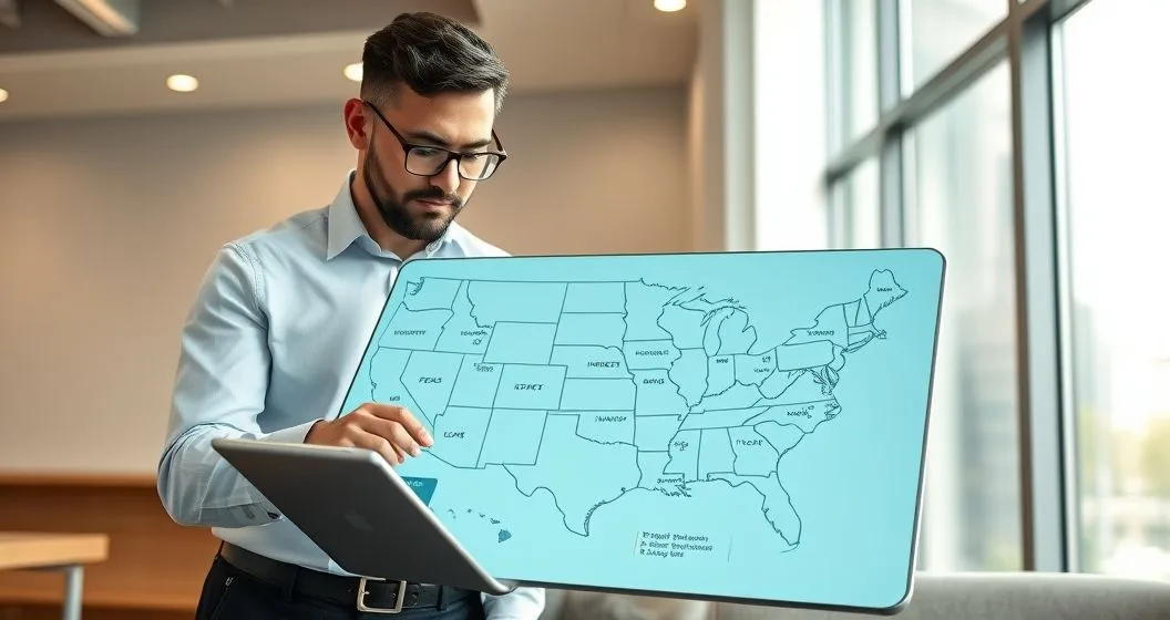 Two professionals review an interactive US map on a tablet highlighting state rules for payday loans with icons for fees caps interest rollovers and licensing
