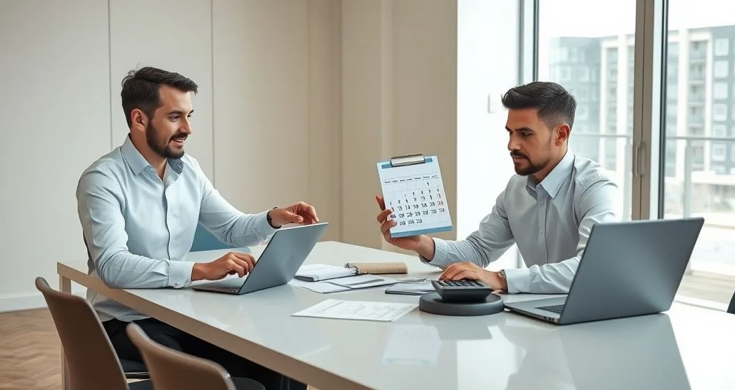 Small business owner and tax advisor reviewing quarterly estimated tax schedule at a modern desk with laptop tablet and calculator