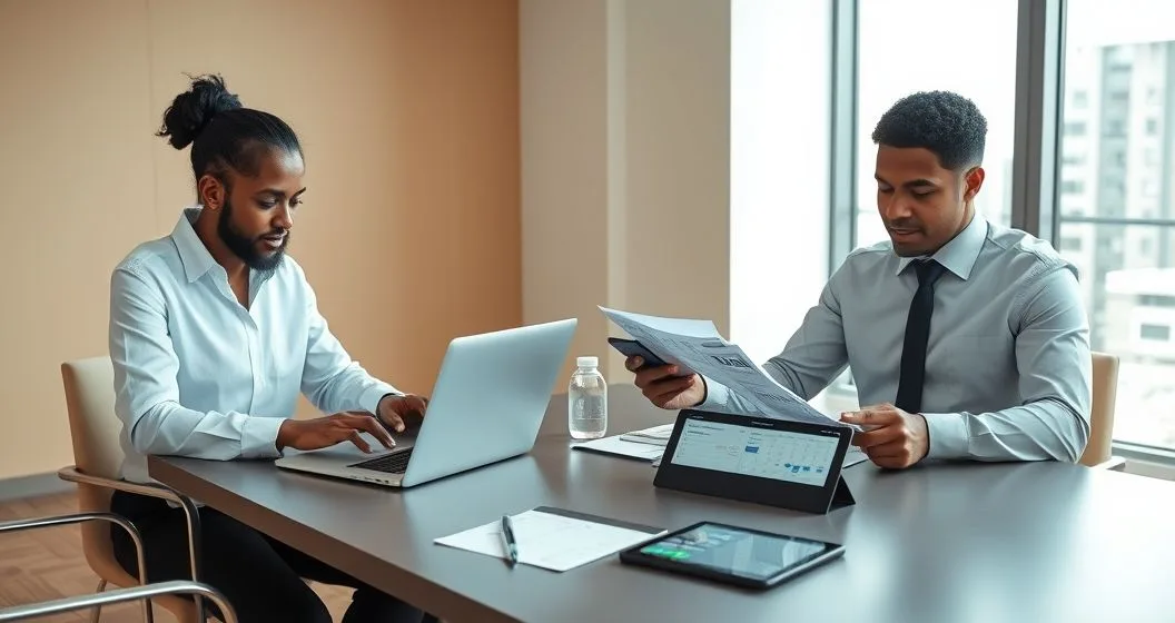 Two finance professionals confirming an online tax payment on a laptop and smartphone in a minimalist office