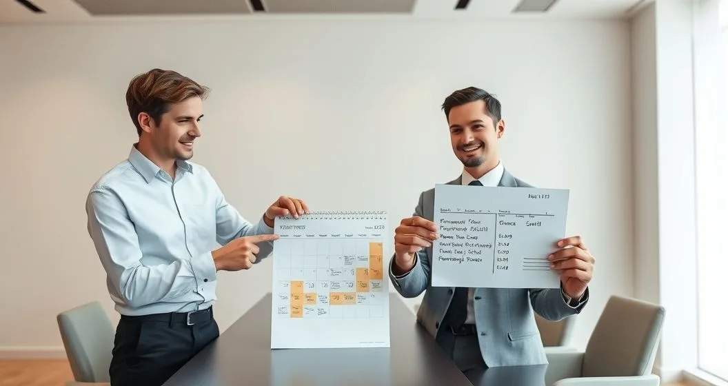 Loan officer and borrower review a shaded calendar block and a loan statement marked with a short timeline sticky note to show a payment holiday and a grace period.
