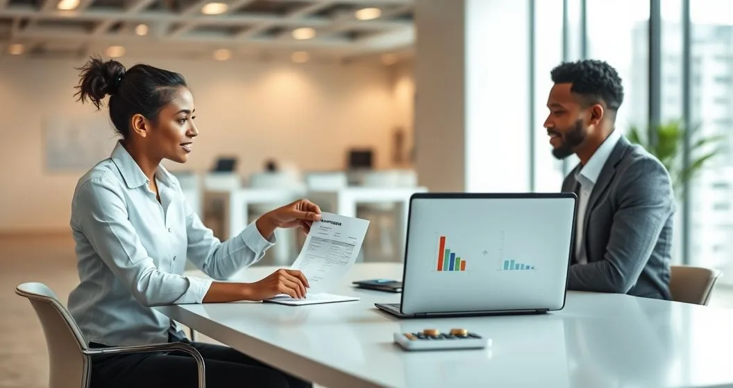 Payroll specialist points to a paystub and laptop with matching contribution bars while an employee listens at a minimalist conference table