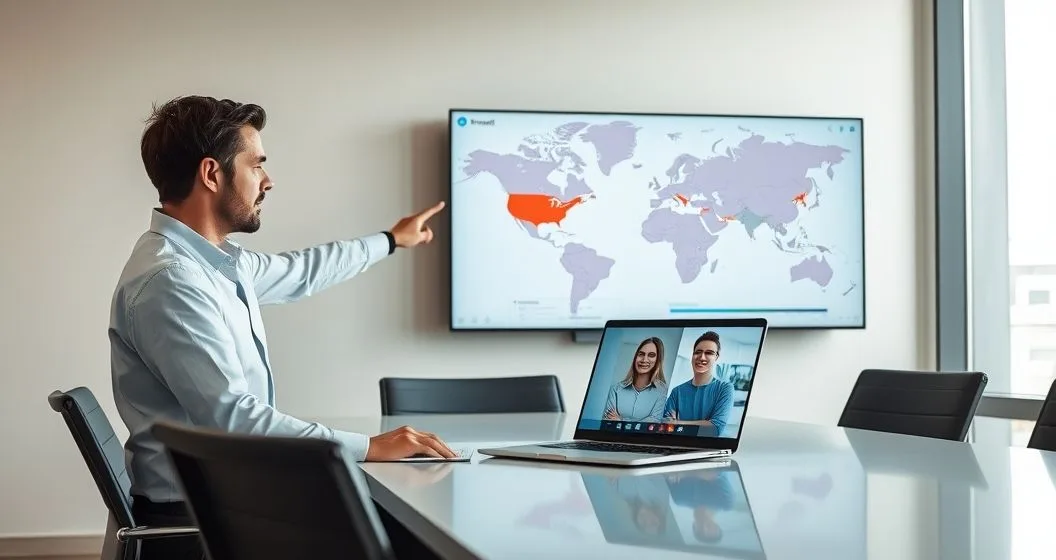 Payroll specialist points at wall monitor with US map highlighting several states while a remote employee appears on a laptop at a clean conference table in a modern office