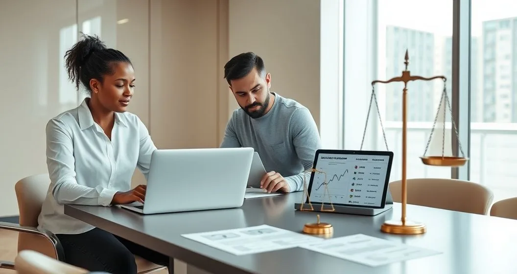 Three people at a modern office table examining a laptop and tablet with lending charts, a small scale of justice and blurred documents suggesting risk and regulation.