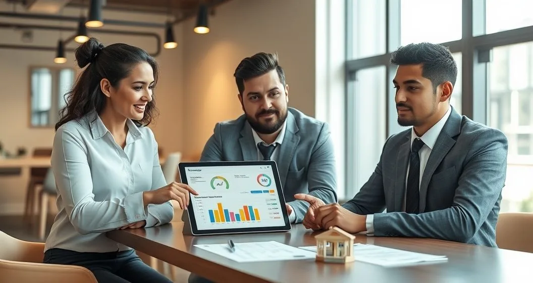 Loan officer and two professionals at a minimalist conference table reviewing a tablet with a lending dashboard showing a credit score gauge, revenue chart, and balance sheet thumbnail while printed financial statements and a small storefront model sit on the table