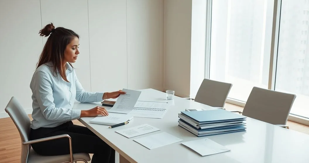 Tax advisor and client reviewing a timeline and organized evidence folders on a conference table